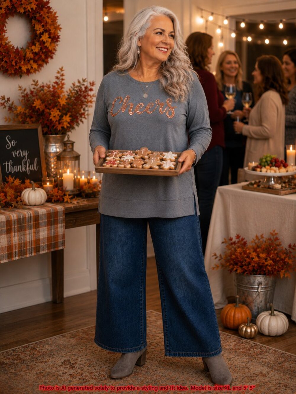 Holiday Time XL Gray Cheers Sequin Top Gold Holiday Party